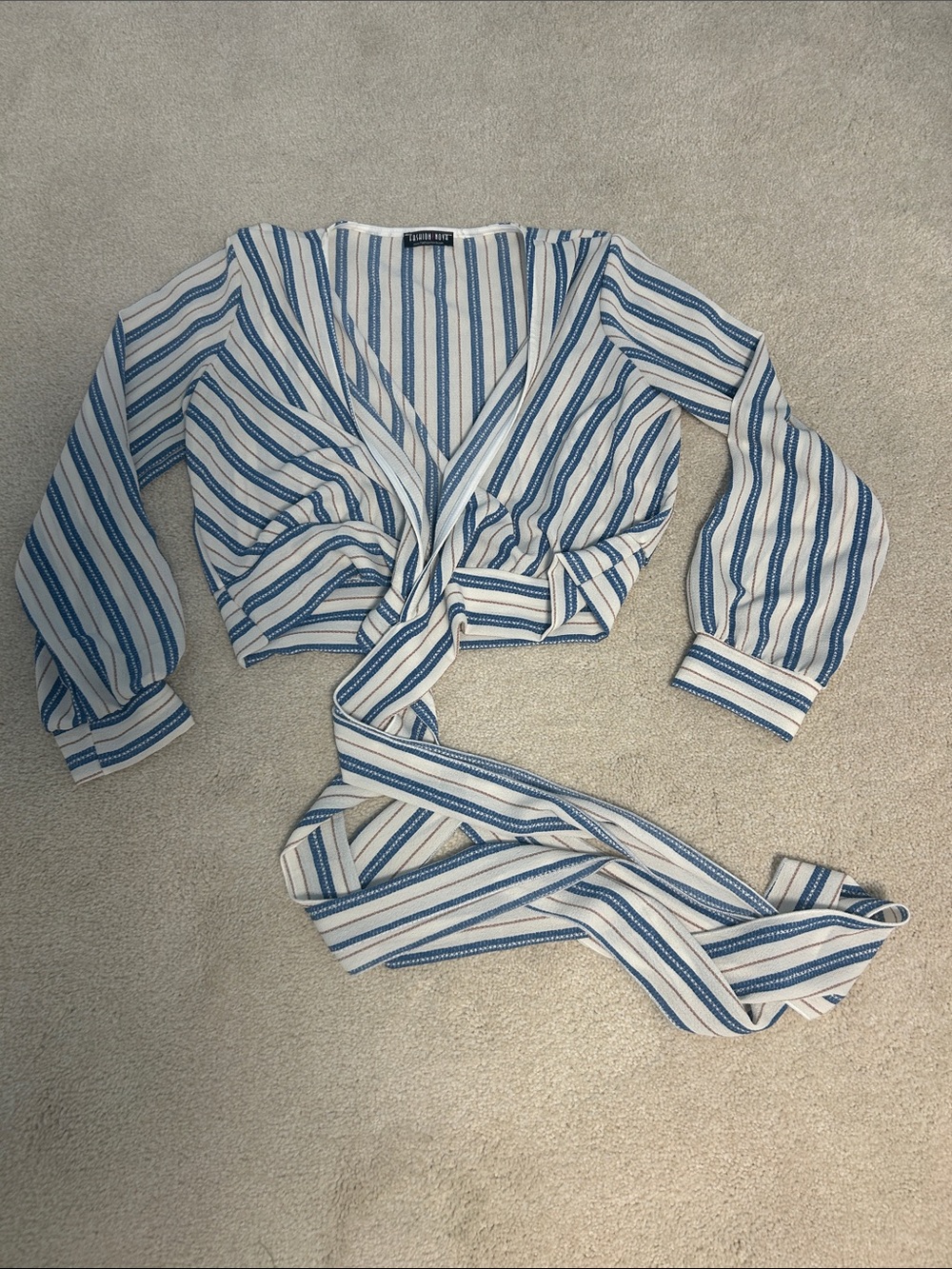 Fashion Nova Blue and Cream Striped Wrap V-Neck Sweater